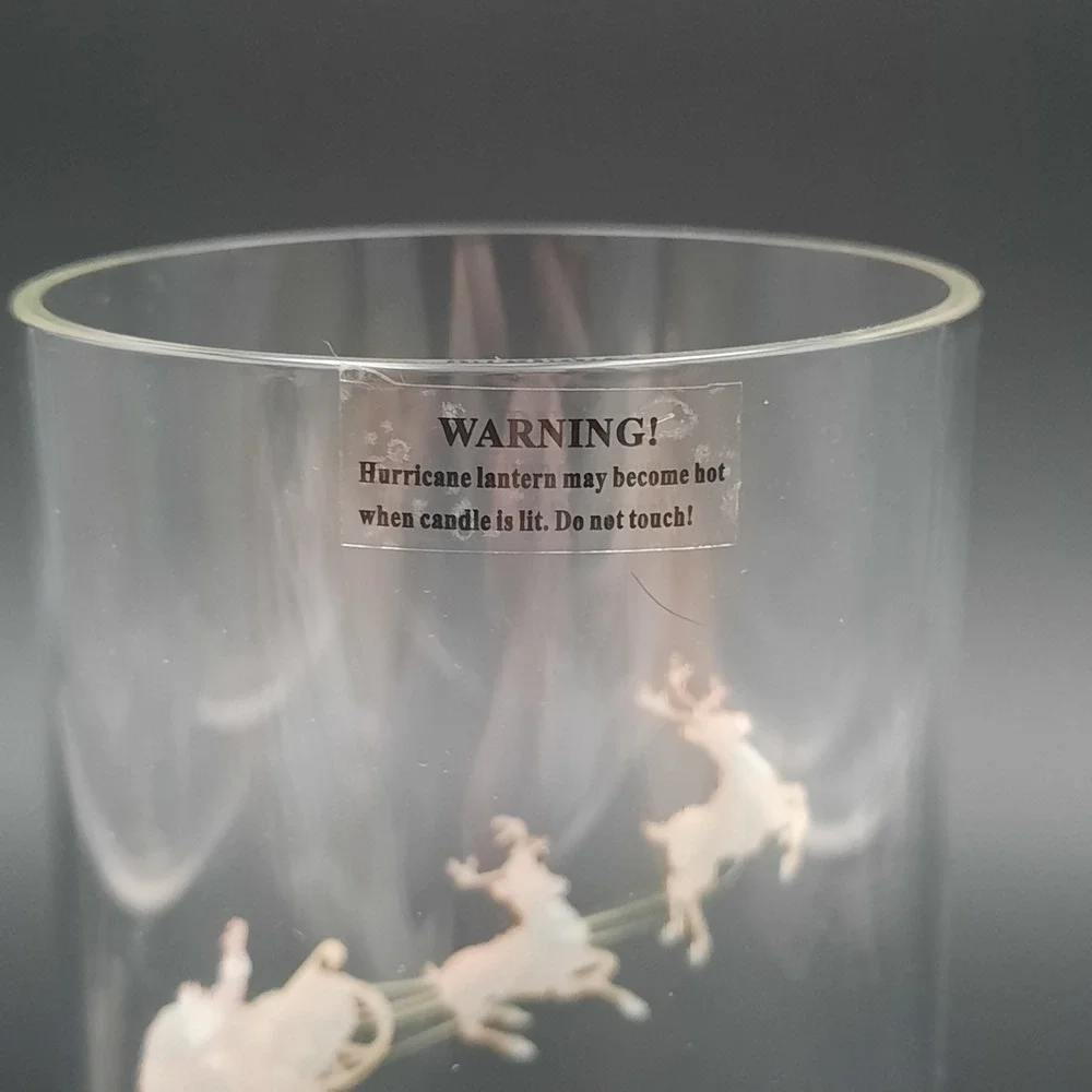 Clear Glass Hurricane Lantern‎ Santa Sleigh Reindeer Christmas Scene 8